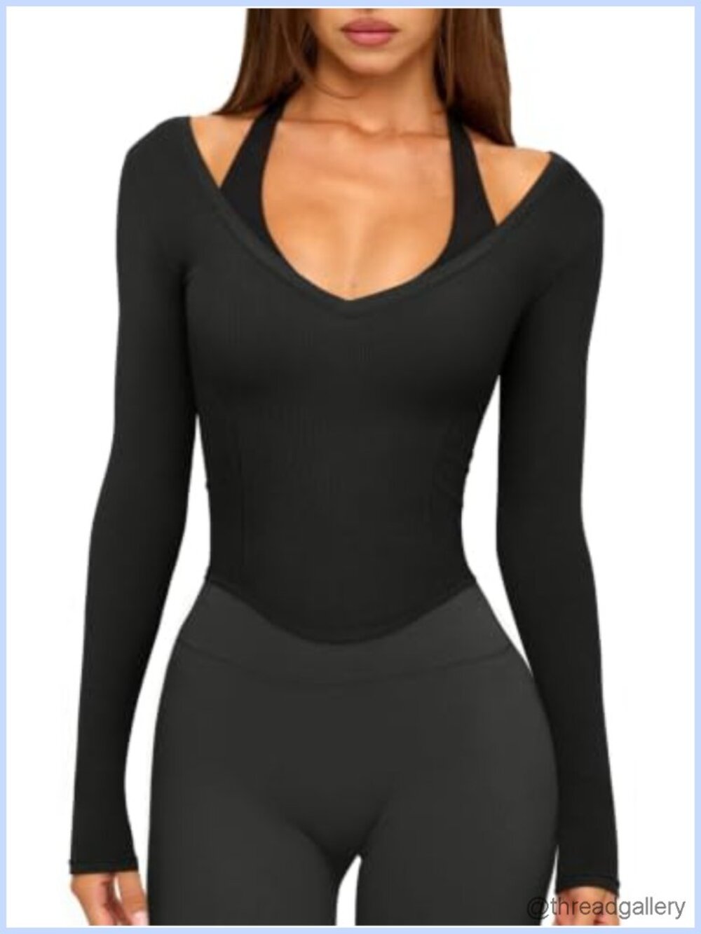 Women's V-Neck Long Sleeve Ribbed Crop Top Workout Tee